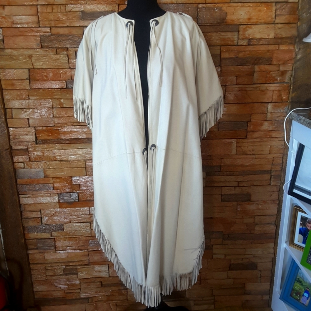 Soft Leather Fringed Poncho Natural Color